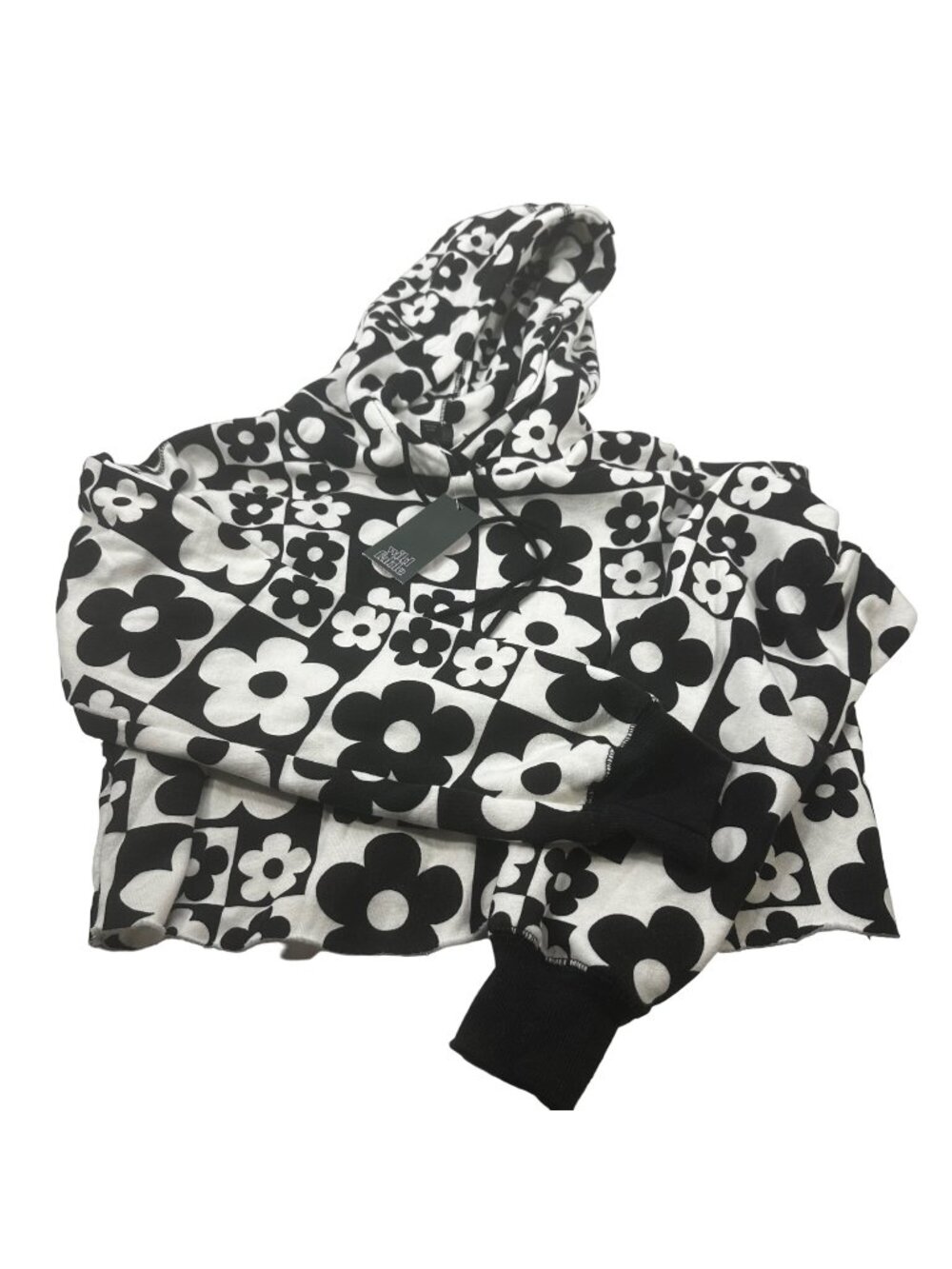 Wild Fable Women's Size Small Hoodie Cropped Black White Floral Squares New